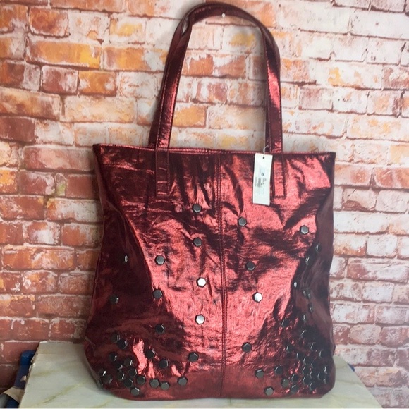 Charming Charlie Handbags - Charming Charlie Vintage Large Metallic Ruby Red Studded Tote Bag